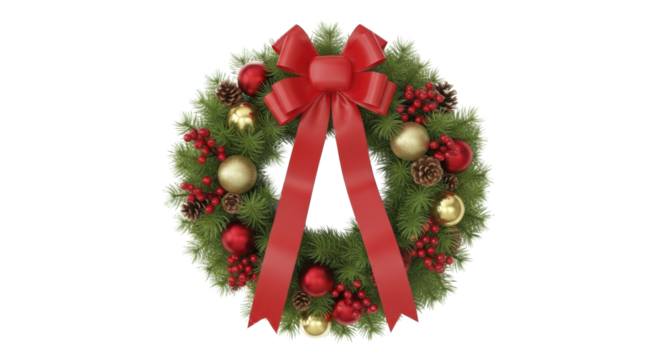 Traditional Christmas Wreath with Red Bow and Ornaments on a Transparent Background PNG Image PNG File