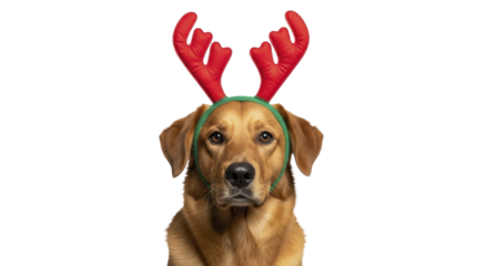 Dog wearing red reindeer antlers headband for Christmas celebration on a transparent background, PNG image, PNG file