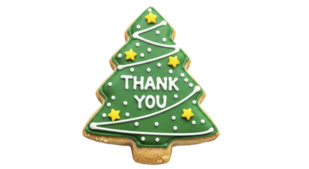 Christmas tree cookie with green icing and THANK YOU text PNG file