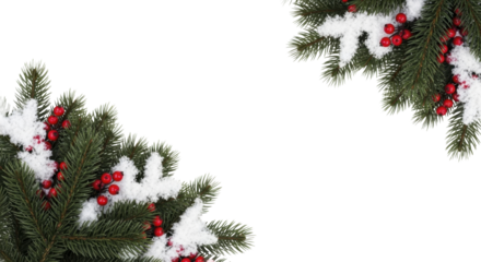 Green evergreen pine branches with red berries and snow on a transparent background, PNG image, PNG file