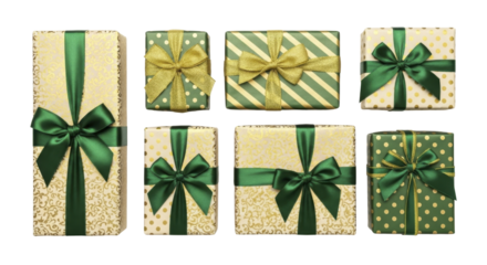 Christmas gift boxes with green and gold ribbons on a transparent background PNG image PNG file