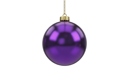 Shiny Purple Christmas Bauble Ornament Hanging on Golden Chain on a Transparent Background PNG Image