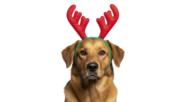 Dog wearing red reindeer antlers headband for Christmas celebration on a transparent background, PNG image, PNG file