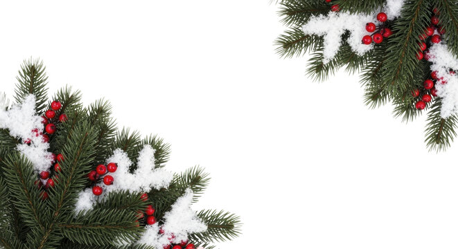 Green evergreen pine branches with red berries and snow on a transparent background, PNG image, PNG file - Powered by Adobe