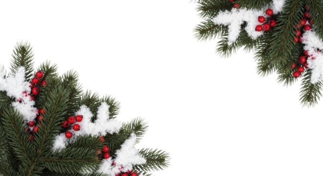 Green evergreen pine branches with red berries and snow on a transparent background, PNG image, PNG file