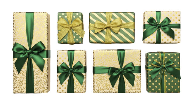 Christmas gift boxes with green and gold ribbons on a transparent background PNG image PNG file
