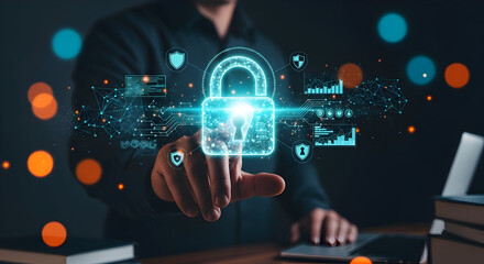 Businessman hand touching a futuristic glowing digital padlock hologram with shield icons and bokeh lights symbolizing cyber security and data privacy