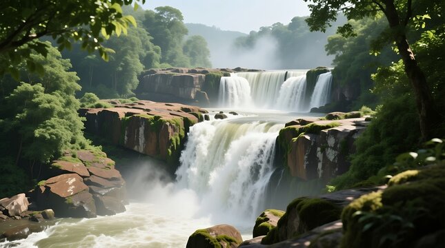 Majestic multi tiered waterfall cascade surrounded by lush green forest and rocky cliffs in serene