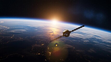 Satellite orbiting planet Earth with stunning sunrise view over horizon in deep space - Powered by Adobe
