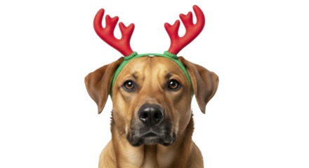  Dog wearing red reindeer antlers headband on a transparent background, a festive PNG image for holiday celebrations