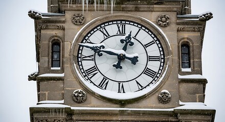 A grand old clock tower face covered in fresh snow with roman numerals and ornate architectural details