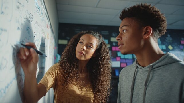 Students collaborating on whiteboard with marker in classroom environment together learning ideas