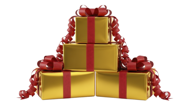 Stacked Golden Christmas Gift Boxes with Red Ribbons and Bows on a Transparent Background PNG image
