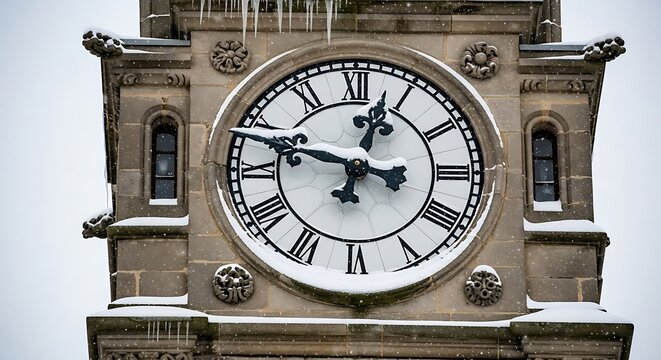 A grand old clock tower face covered in fresh snow with roman numerals and ornate architectural details