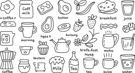 Doodle style breakfast set with food and drinks