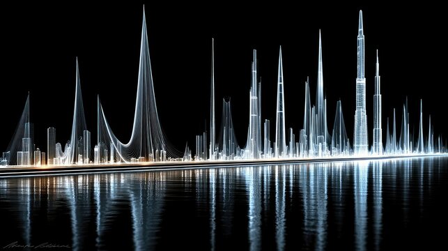 A stylized, futuristic cityscape with abstract, glowing white skyscrapers and bridges, reflected in dark water under a black sky.