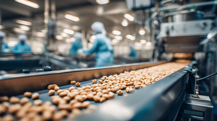 Factory workers monitoring pet food production line conveyor belt.