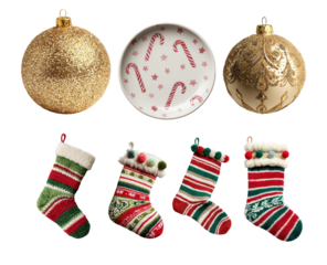 collection of traditional christmas decorations including bright gold baubles, a festive candy cane plate, and four colorful knitted stockings, isolated on black.