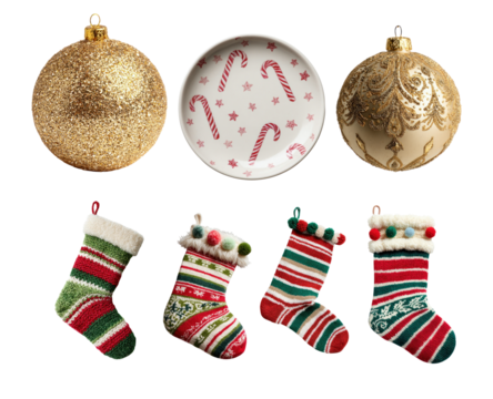 collection of traditional christmas decorations including bright gold baubles, a festive candy cane plate, and four colorful knitted stockings, isolated on black.