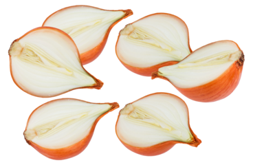 dynamic arrangement of multiple fresh yellow onions cut in half, showcasing the layers of white flesh, dramatically isolated on a solid transparent background.