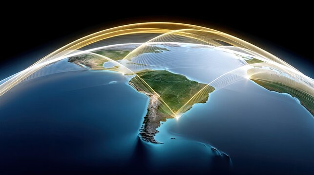 A digital representation of Earth, focusing on South America, with glowing lines illustrating global network connections and data flow against a dark background