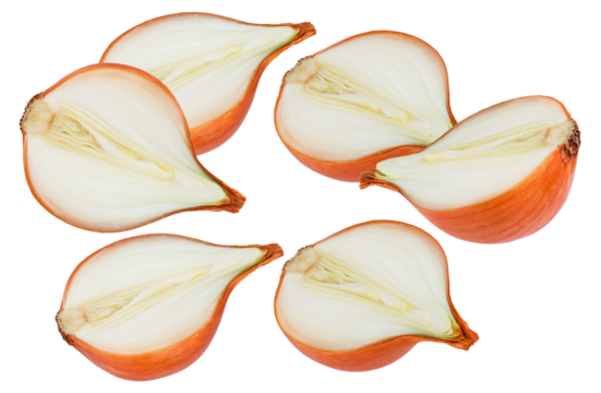 dynamic arrangement of multiple fresh yellow onions cut in half, showcasing the layers of white flesh, dramatically isolated on a solid transparent background.