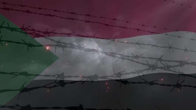 Sudan flag barbed wire illustration represents conflict and oppression with smoke filled dark background and glowing sparks.