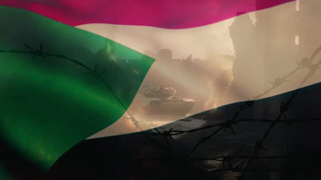 Sudan flag barbed wire illustration represents conflict and oppression with smoke filled dark background and glowing sparks.