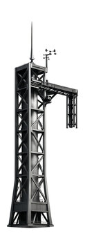 Launch tower featuring lightning protection and weather monitoring systems.