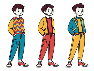 Three confident young men characters in various casual fashion styles standing with hands in pockets, showcasing diverse modern outfits and youthful charm, illustration