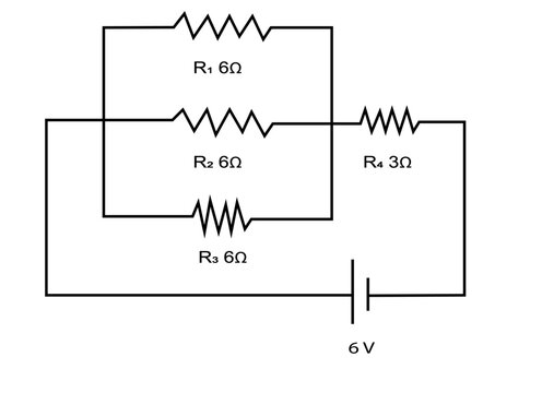 Electrical Circuit Diagram With Resistors R1 R2 R3 6&Omega; And R4 3&Omega; Connected To A 6V Battery
