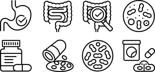 Gut Health Probiotics and Digestion Black Line Icons