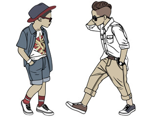Stylish illustration of two young boys wearing modern casual outfits, sunglasses, and trendy accessories, depicting youth fashion and urban street style on a clear background.