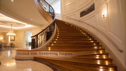 Obraz premium A grand staircase with wood design and elegant lighting