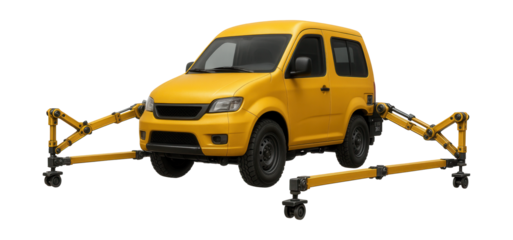 Compact yellow inspection vehicle with extended measuring arms for track assessment.