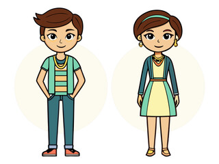 Young boy and girl cartoon characters standing together, smiling, dressed in casual clothing. full body vector illustration with a friendly, simple flat design representing childhood and youth.