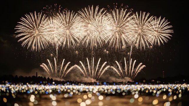 Spectacular fireworks display illuminating the night sky above a city skyline with bokeh lights reflecting on the water
