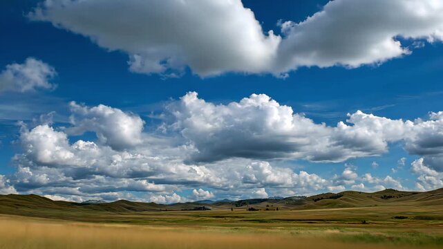 Vast prairie with rolling hills and dynamic cumulus clouds above.