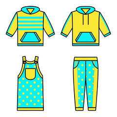 Vibrant yellow and cyan children's casual wear collection featuring two hooded sweatshirts, a polka dot overall, and comfortable striped pants, presented as a graphic illustration.
