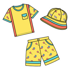 Vibrant yellow t-shirt, comfortable shorts, and a stylish sun hat, a complete summer outfit for a child, featuring playful colorful abstract patterns, flat vector illustration