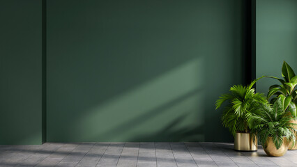 Naklejka premium Minimal modern interior featuring a dark green wall, soft natural sunlight, and lush potted plants in gold containers- 3D rendering