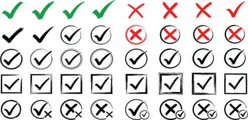 Versatile collection of checkmarks and cross symbols in various styles, ideal for indicating approval, rejection, correct, or incorrect choices in digital interfaces and documents