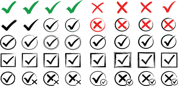 Versatile collection of checkmarks and cross symbols in various styles, ideal for indicating approval, rejection, correct, or incorrect choices in digital interfaces and documents