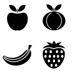 Minimalist black fruit icon set featuring an apple, orange, banana, and strawberry silhouettes, ideal for healthy eating, nutrition, and food-related design projects and applications.