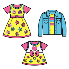 Cute Girls Dresses and Denim Jacket &ndash; Kids Fashion Vector Illustration