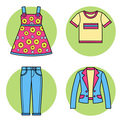 Kids Casual Outfit Icons with Dress, Jeans and Jacket &ndash; Flat Vector Design