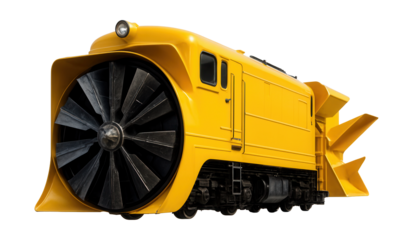 Rotary snowplow train featuring front spinning blades and side discharge chutes.