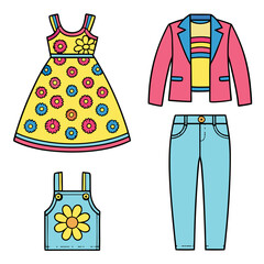Vibrant cartoon collection children's fashion: yellow floral sundress, pink blazer, striped shirt, blue jeans, charming blue floral overall dress, for children fashion projects.