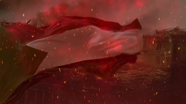 Sudan flag barbed wire illustration represents conflict and oppression with smoke filled dark background and glowing sparks.