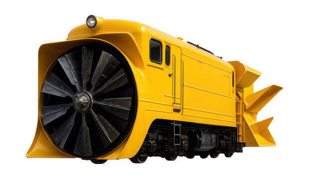 Rotary snowplow train featuring front spinning blades and side discharge chutes.